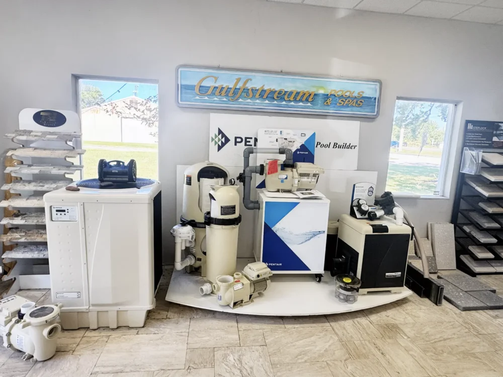 Pool equipment display with heater, filter, pump, and automation.