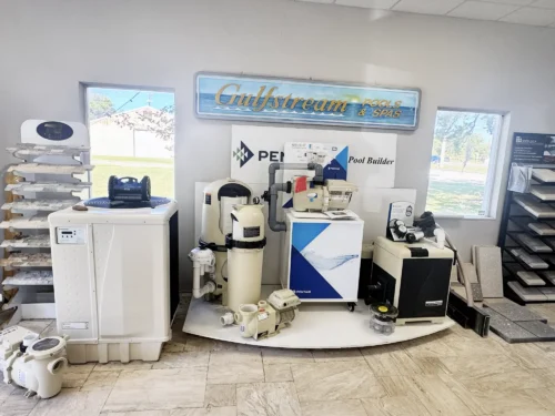 Pool equipment display with heater, filter, pump, and automation.