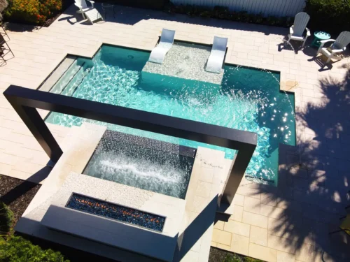 Close-up of fire and water features.
