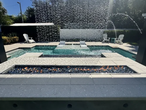 Close-up of water and fire features.