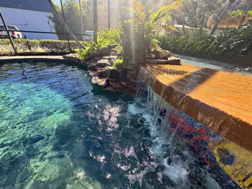 Close-up of waterfall feature in freeform pool.