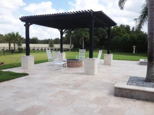 Custom built pergola and fire pit on pool deck