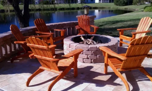 Fire pit and seating area on pool deck