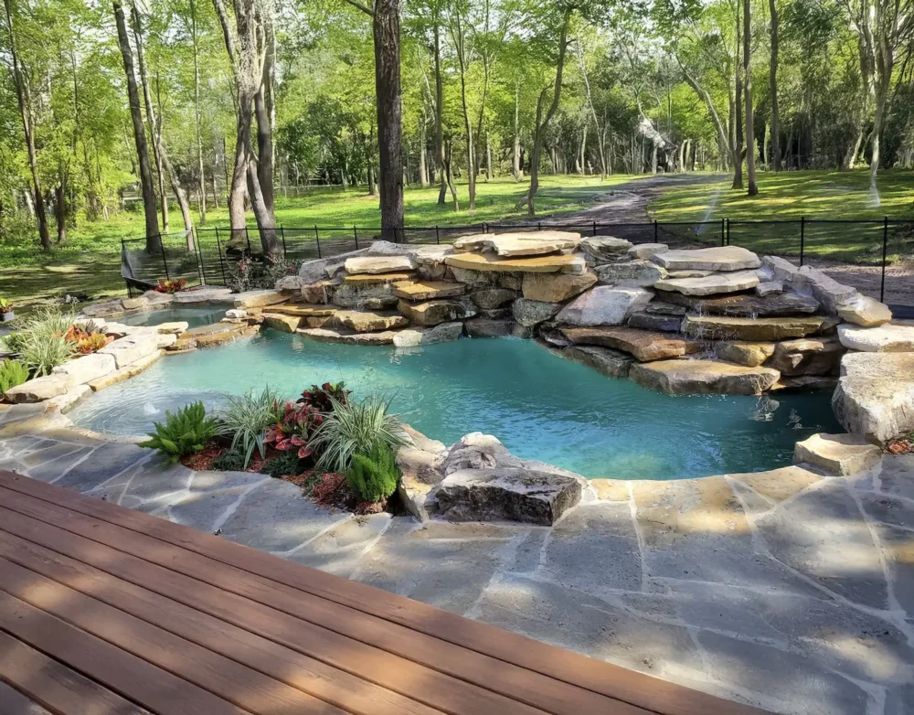 Freeform lagoon style pool with spa, bubblers, and waterfall feature over stacked rocks