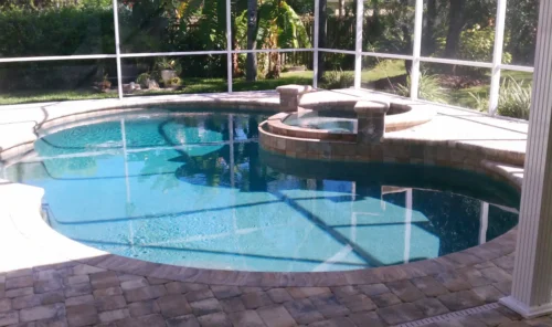 Freeform pool with raised spa