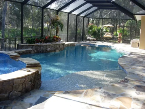 Freeform pool with spillover spa, sun shelf, planters, and table inside screened enclosure