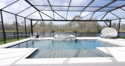 Geometric pool with sun shelf & spillover spa inside screen enclosure.