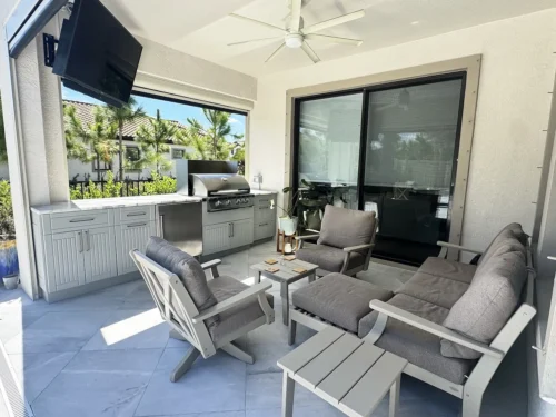 Outdoor kitchen and seating area.